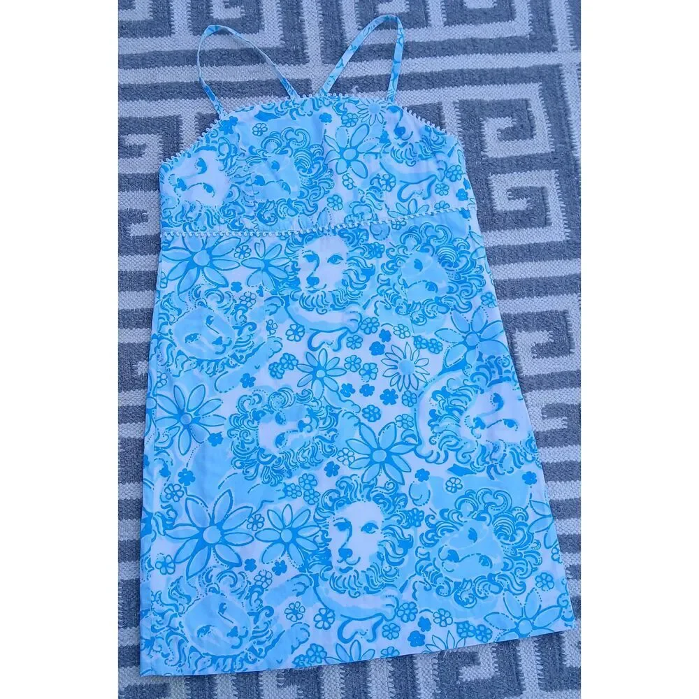 Vintage lilly pulitzer girls 10 yrs shift dress coastal blue lion around floral